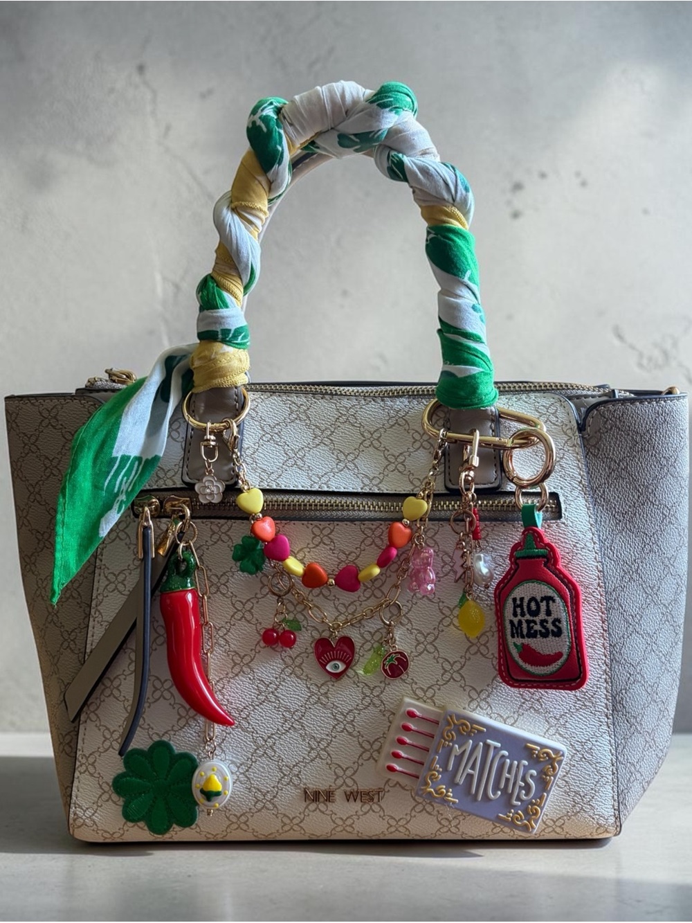 Nine West Cream Patterned Satchel with Green Accents